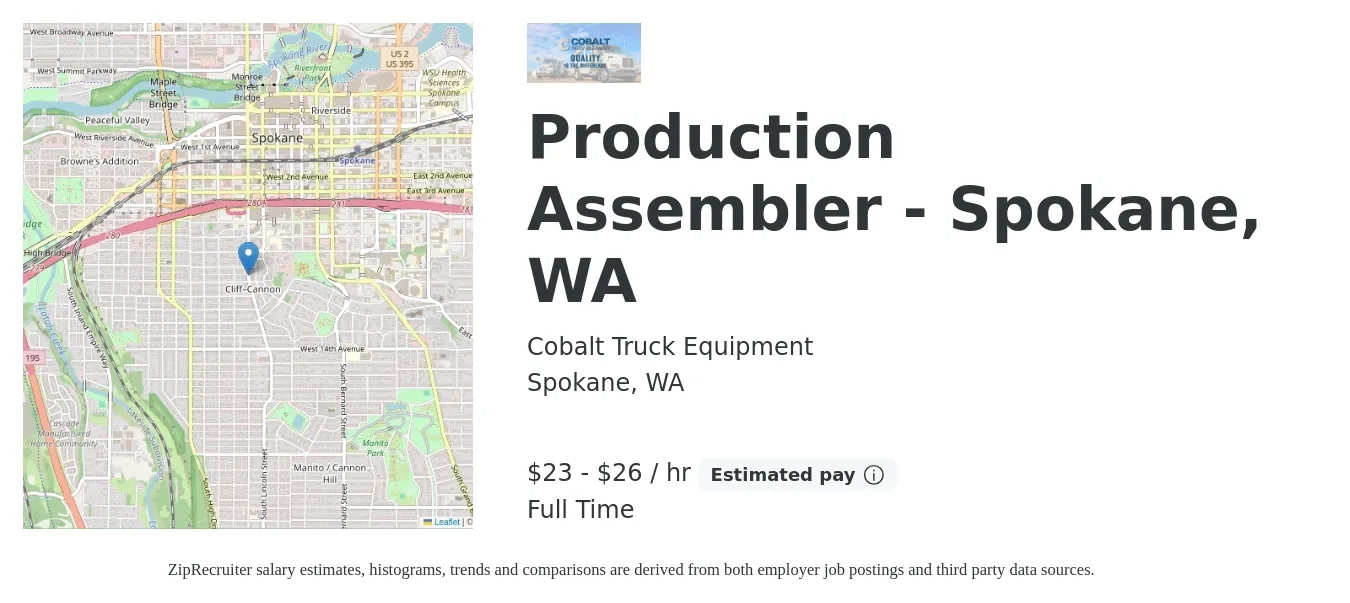 Cobalt Truck Equipment job posting for a Production Assembler - Spokane, WA in Spokane, WA with a salary of $24 to $28 Hourly with a map of Spokane location.