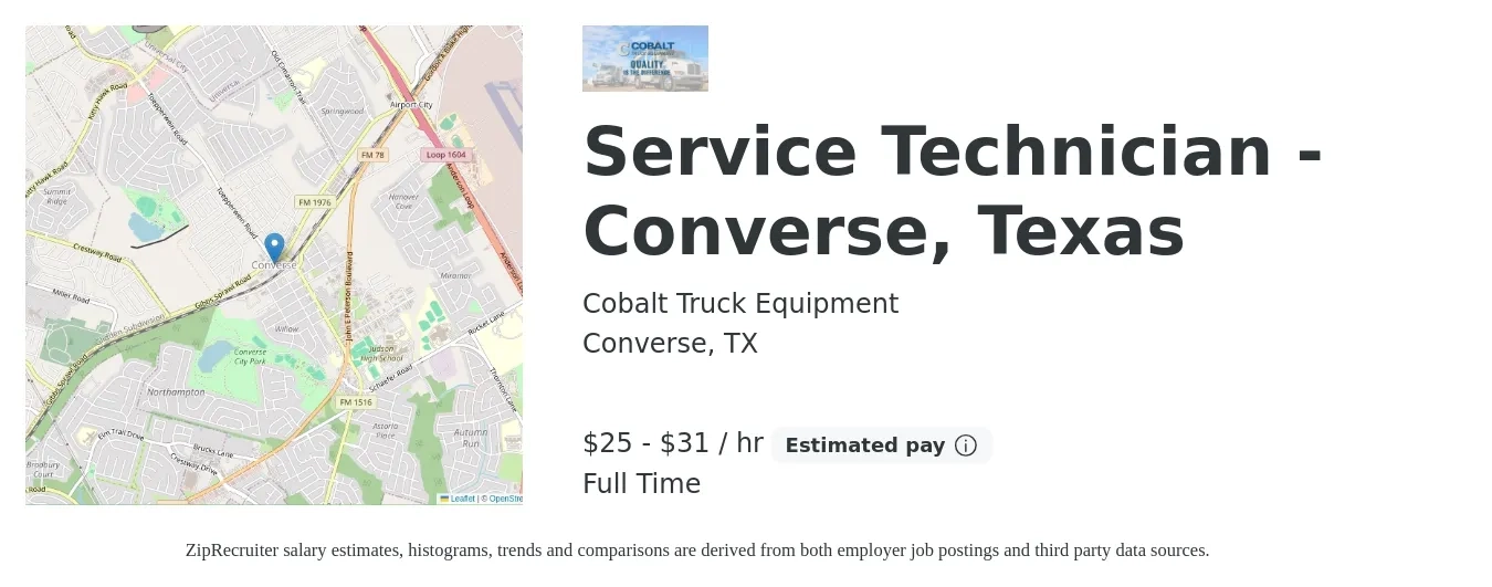 Cobalt Truck Equipment job posting for a Service Technician - Converse, Texas in Converse, TX with a salary of $27 to $33 Hourly with a map of Converse location.