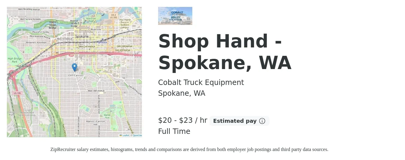 Cobalt Truck Equipment job posting for a Shop Hand - Spokane, WA in Spokane, WA with a salary of $21 to $24 Hourly with a map of Spokane location.
