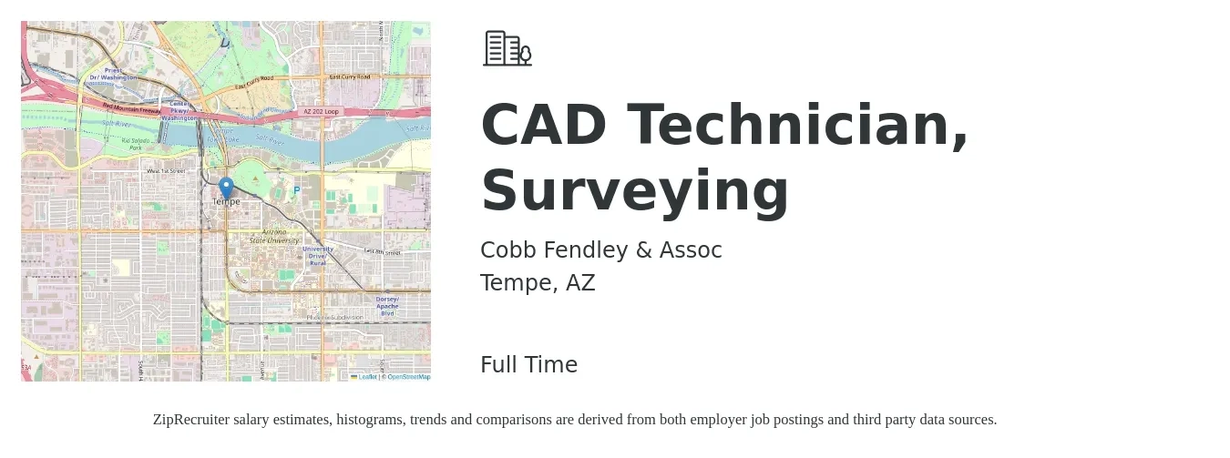 Cobb Fendley & Assoc job posting for a CAD Technician, Surveying in Tempe, AZ with a salary of $22 to $32 Hourly with a map of Tempe location.