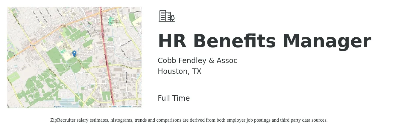 Cobb Fendley & Assoc job posting for a HR Benefits Manager in Houston, TX with a salary of $70,200 to $83,500 Yearly with a map of Houston location.