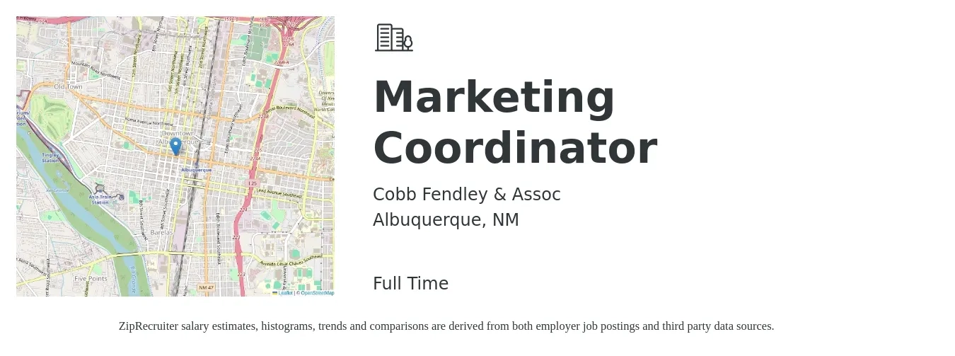 Cobb Fendley & Assoc job posting for a Marketing Coordinator in Albuquerque, NM with a salary of $38,800 to $53,400 Yearly with a map of Albuquerque location.