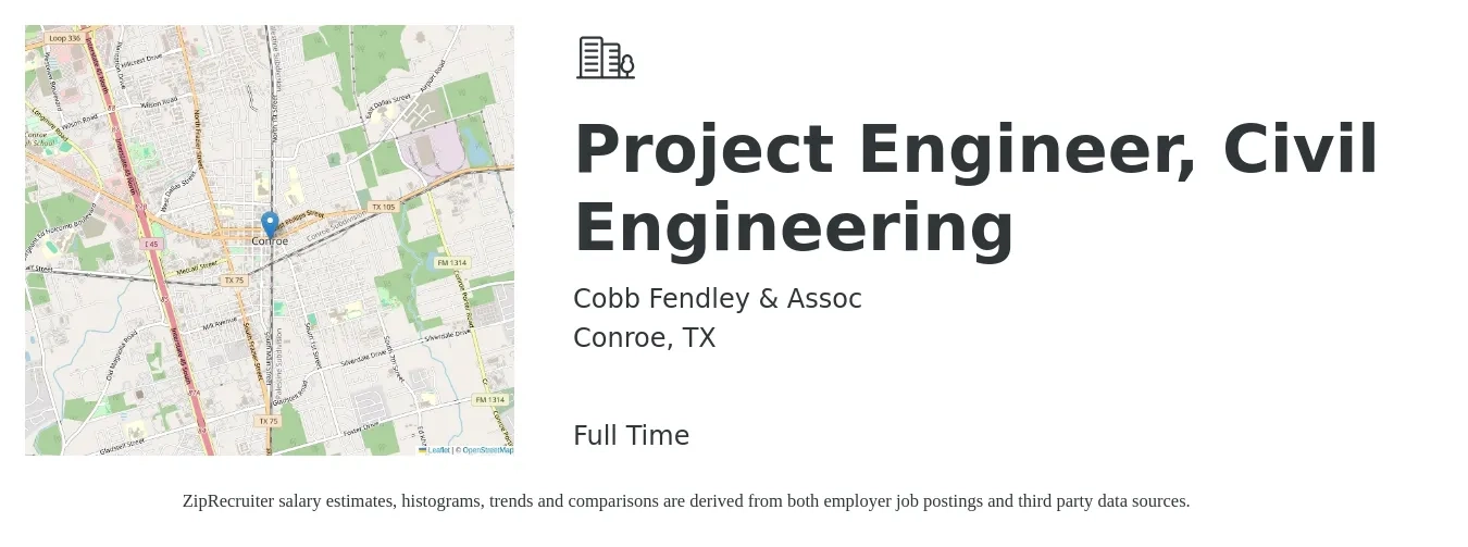Cobb Fendley & Assoc job posting for a Project Engineer, Civil Engineering in Conroe, TX with a salary of $72,800 to $97,200 Yearly with a map of Conroe location.