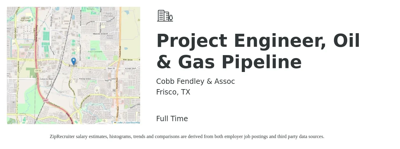 Cobb Fendley & Assoc job posting for a Project Engineer, Oil & Gas Pipeline in Frisco, TX with a salary of $40 to $62 Hourly with a map of Frisco location.