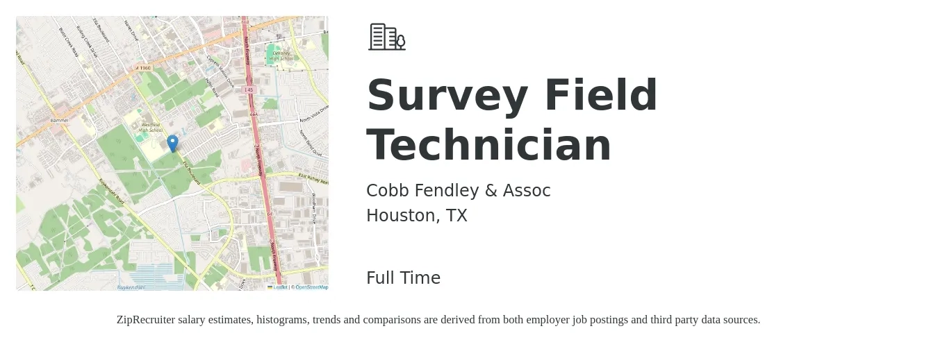 Cobb Fendley & Assoc job posting for a Survey Field Technician in Houston, TX with a salary of $19 to $26 Hourly with a map of Houston location.
