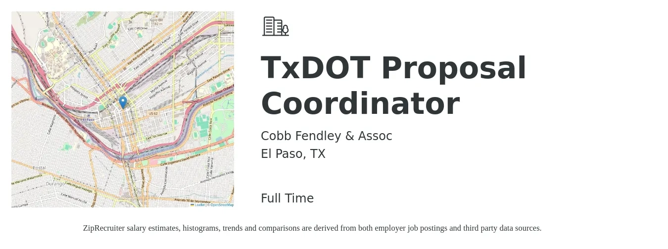 Cobb Fendley & Assoc job posting for a TxDOT Proposal Coordinator in El Paso, TX with a salary of $49,700 to $66,000 Yearly with a map of El Paso location.