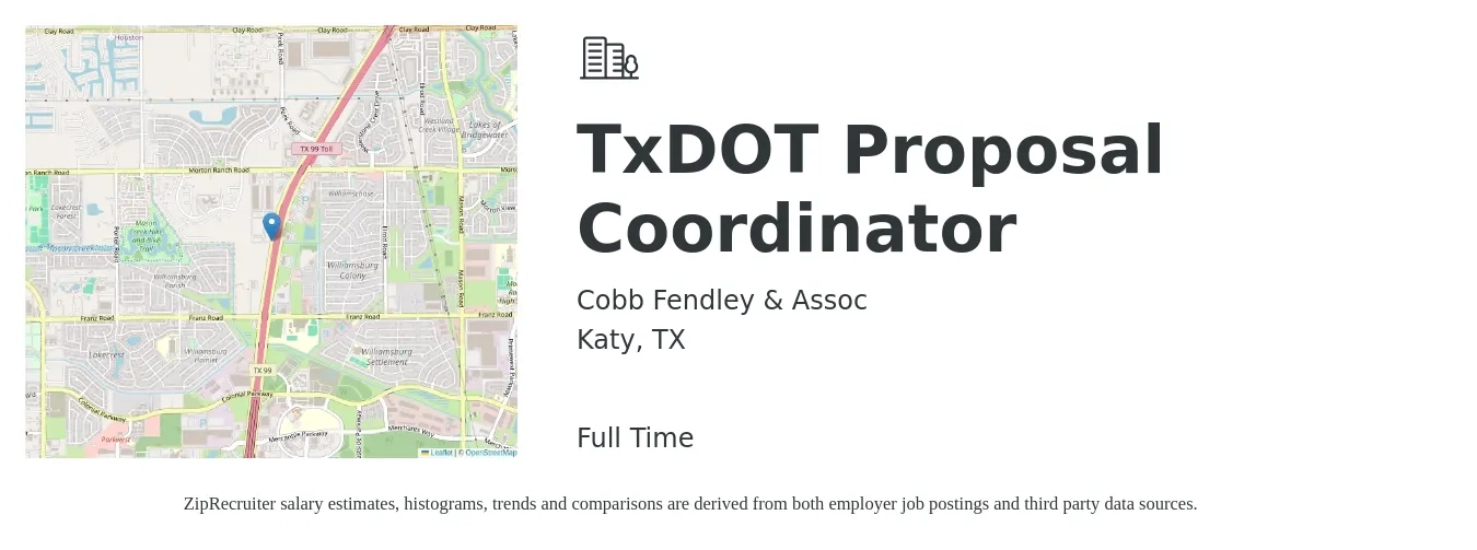 Cobb Fendley & Assoc job posting for a TxDOT Proposal Coordinator in Katy, TX with a salary of $50,500 to $67,000 Yearly with a map of Katy location.