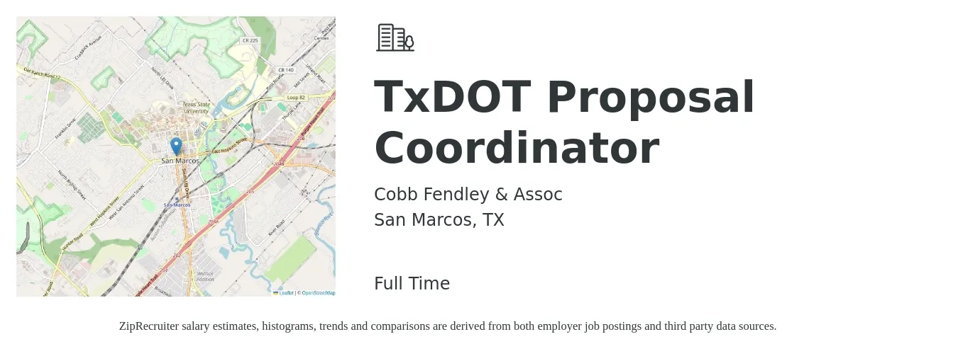 Cobb Fendley & Assoc job posting for a TxDOT Proposal Coordinator in San Marcos, TX with a salary of $52,700 to $69,900 Yearly with a map of San Marcos location.