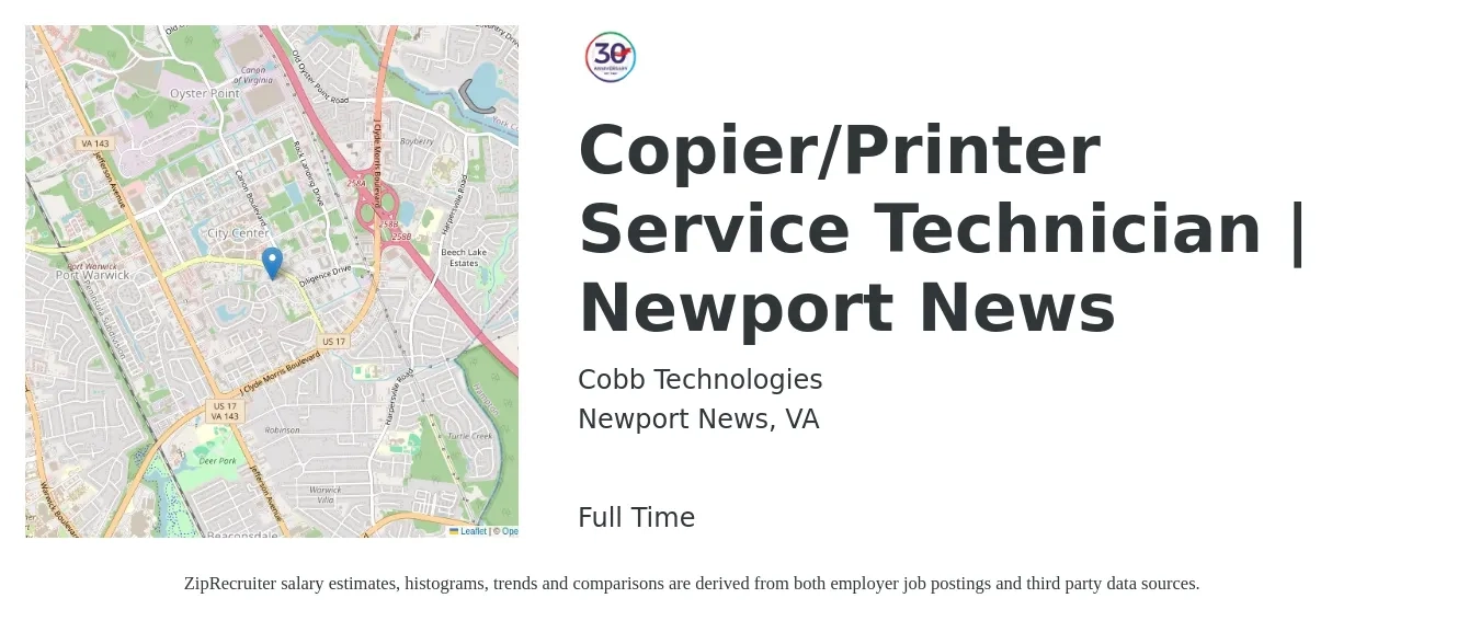 Cobb Technologies job posting for a Copier/Printer Service Technician | Newport News in Newport News, VA with a salary of $18 to $27 Hourly with a map of Newport News location.