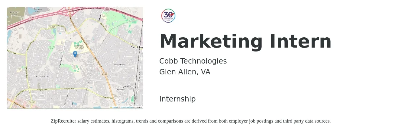 Cobb Technologies job posting for a Marketing Intern in Glen Allen, VA with a salary of $14 to $18 Hourly with a map of Glen Allen location.