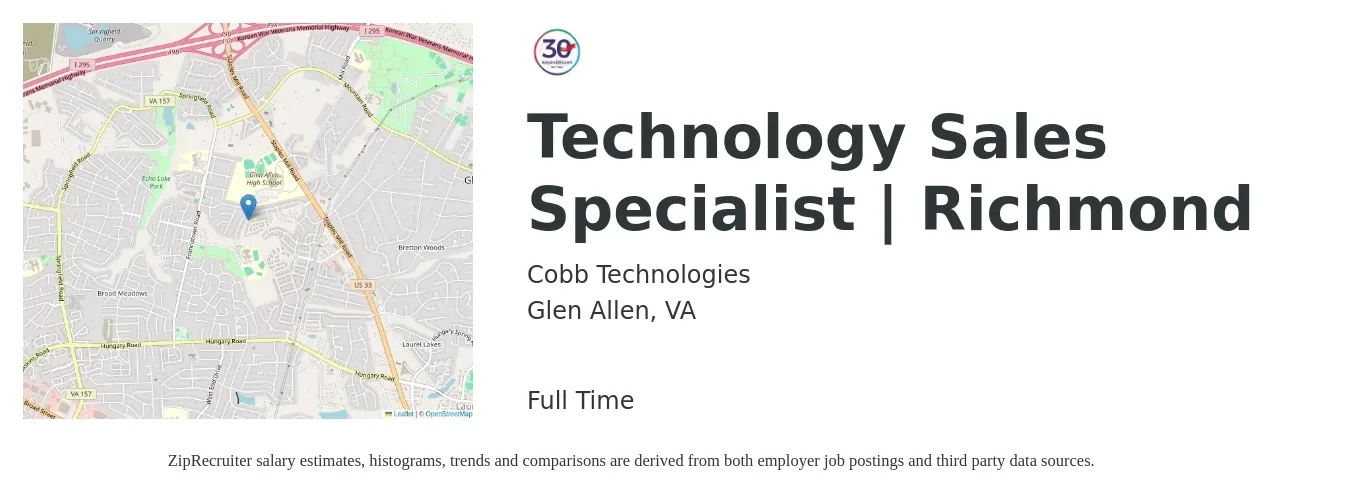 Cobb Technologies job posting for a Technology Sales Specialist | Richmond in Glen Allen, VA with a salary of $43,900 to $84,600 Yearly with a map of Glen Allen location.