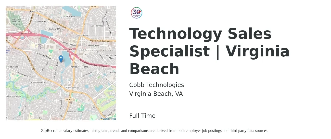 Cobb Technologies job posting for a Technology Sales Specialist | Virginia Beach in Virginia Beach, VA with a salary of $42,700 to $82,200 Yearly with a map of Virginia Beach location.