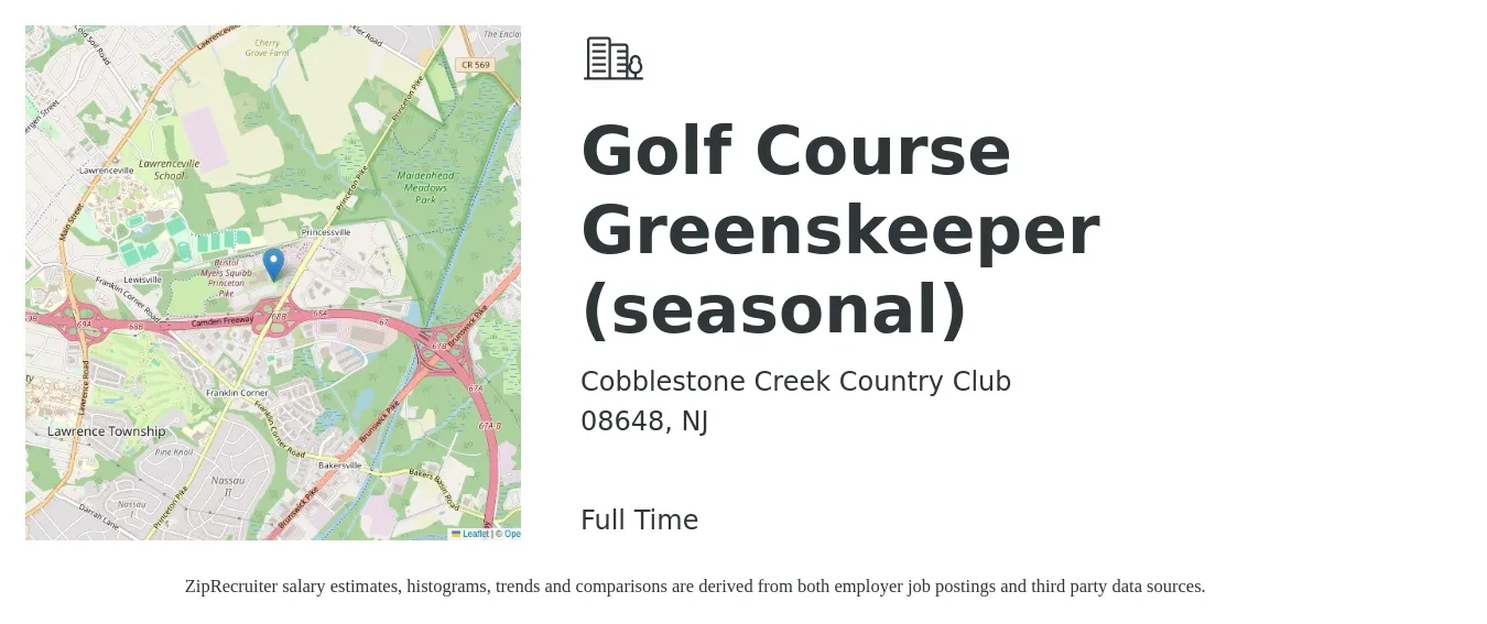 Cobblestone Creek Country Club job posting for a Golf Course Greenskeeper (seasonal) in 08648, NJ with a salary of $46,000 to $63,500 Yearly with a map of 08648 location.
