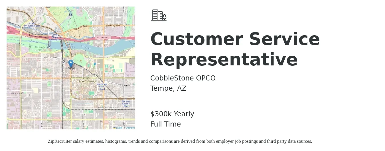 CobbleStone OPCO job posting for a Customer Service Representative in Tempe, AZ with a salary of $300,000 Yearly with a map of Tempe location.