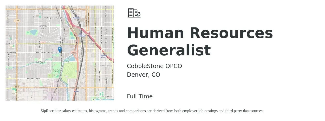 CobbleStone OPCO job posting for a Human Resources Generalist in Denver, CO with a salary of $53,500 to $76,200 Yearly with a map of Denver location.