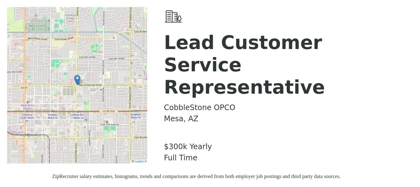 CobbleStone OPCO job posting for a Lead Customer Service Representative in Mesa, AZ with a salary of $300,000 Yearly with a map of Mesa location.