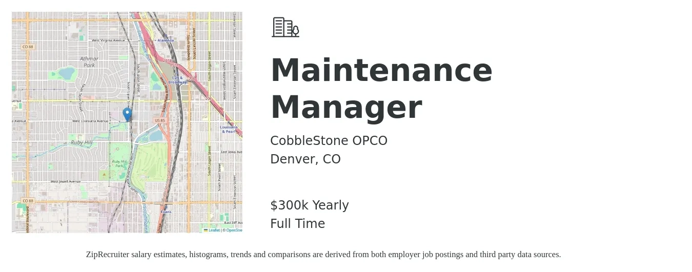 CobbleStone OPCO job posting for a Maintenance Manager in Denver, CO with a salary of $300,000 Yearly with a map of Denver location.