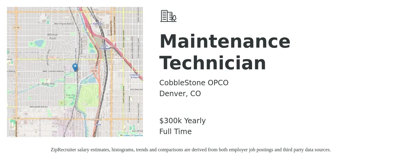 CobbleStone OPCO job posting for a Maintenance Technician in Denver, CO with a salary of $300,000 Yearly with a map of Denver location.