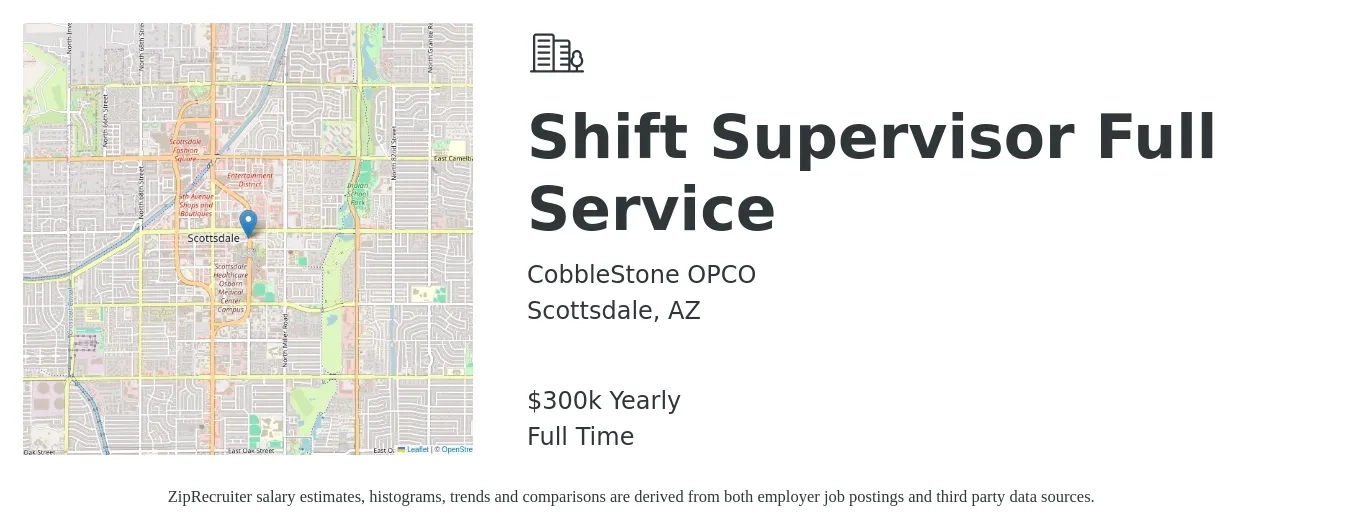 CobbleStone OPCO job posting for a Shift Supervisor Full Service in Scottsdale, AZ with a salary of $300,000 Yearly with a map of Scottsdale location.