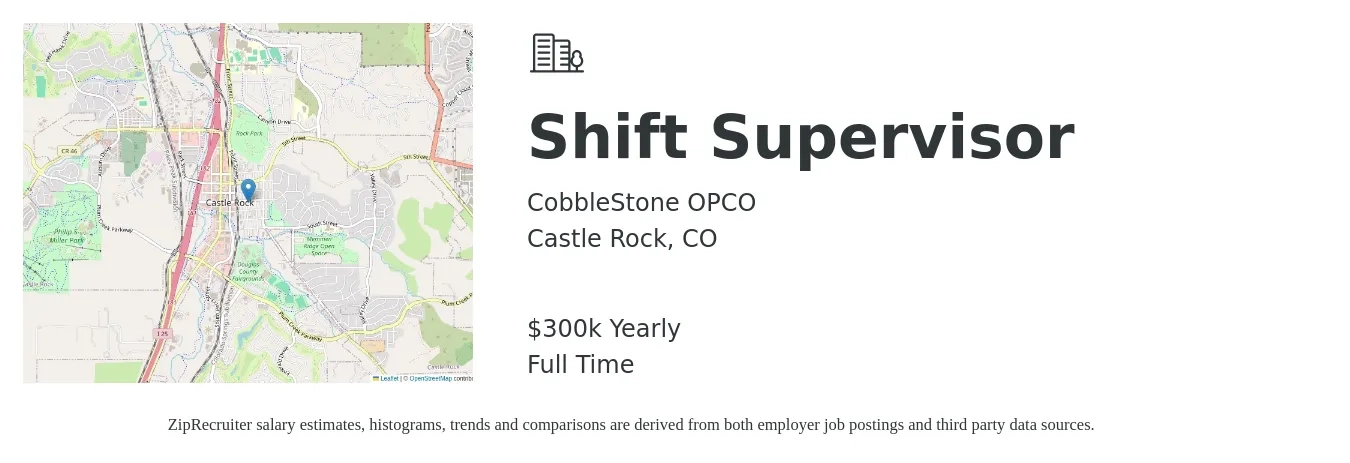 CobbleStone OPCO job posting for a Shift Supervisor in Castle Rock, CO with a salary of $300,000 Yearly with a map of Castle Rock location.