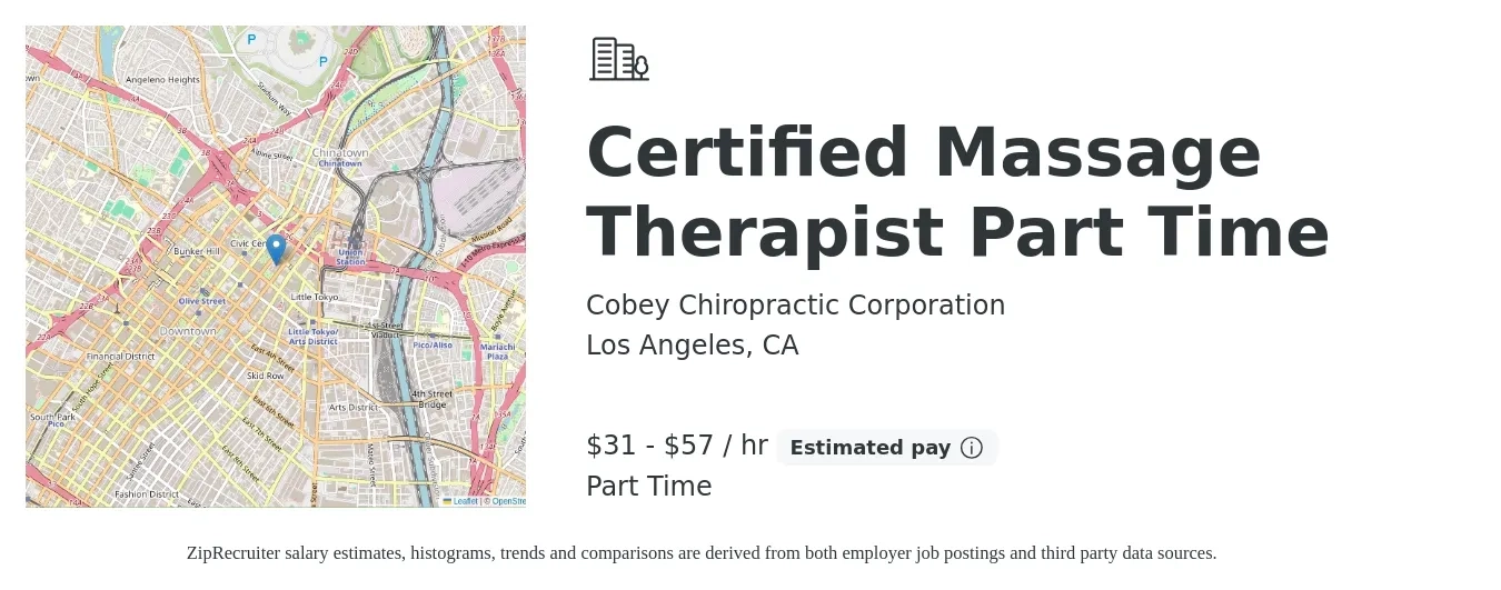 Cobey Chiropractic Corporation job posting for a Certified Massage Therapist Part Time in Los Angeles, CA with a salary of $33 to $60 Hourly with a map of Los Angeles location.