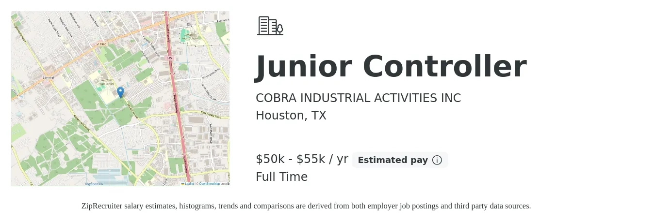 COBRA INDUSTRIAL ACTIVITIES INC job posting for a Junior Controller in Houston, TX with a salary of $50,000 to $55,000 Yearly with a map of Houston location.