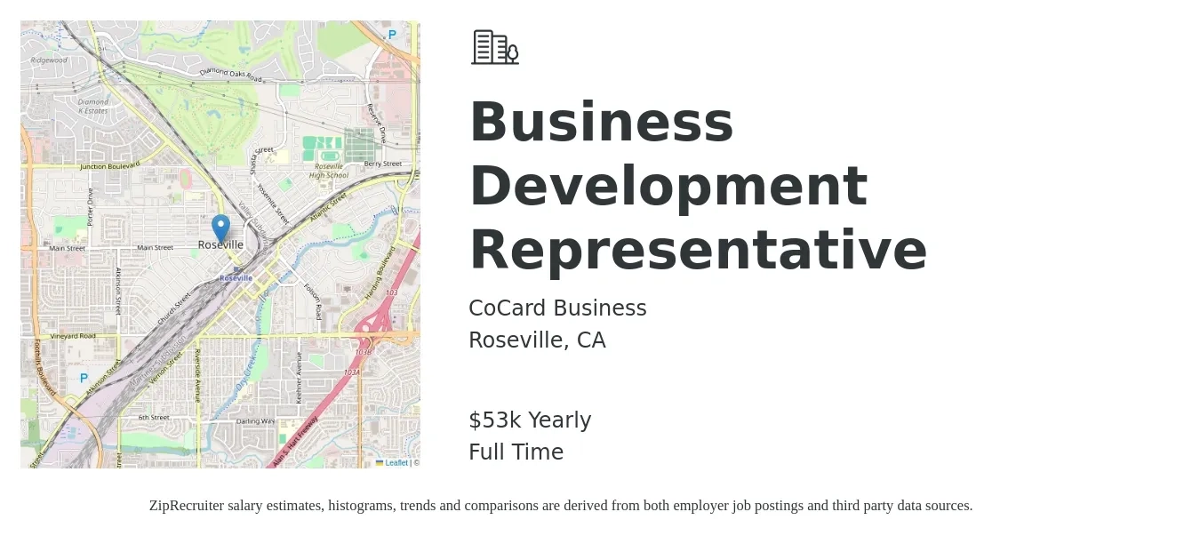 CoCard Business job posting for a Business Development Representative in Roseville, CA with a salary of $53,000 Yearly with a map of Roseville location.
