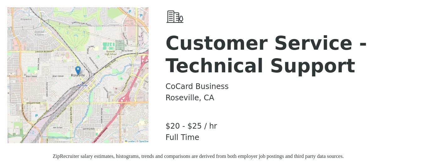 CoCard Business job posting for a Customer Service - Technical Support in Roseville, CA with a salary of $21 to $27 Hourly with a map of Roseville location.