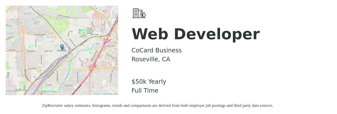 CoCard Business job posting for a Web Developer in Roseville, CA with a salary of $50,000 Yearly with a map of Roseville location.