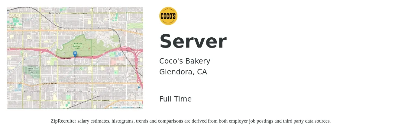Coco's Bakery job posting for a Server in Glendora, CA with a salary of $11 to $19 Hourly with a map of Glendora location.