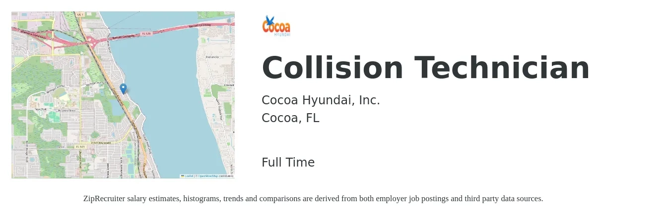 Cocoa Hyundai, Inc. job posting for a Collision Technician in Cocoa, FL with a salary of $20 to $30 Hourly with a map of Cocoa location.