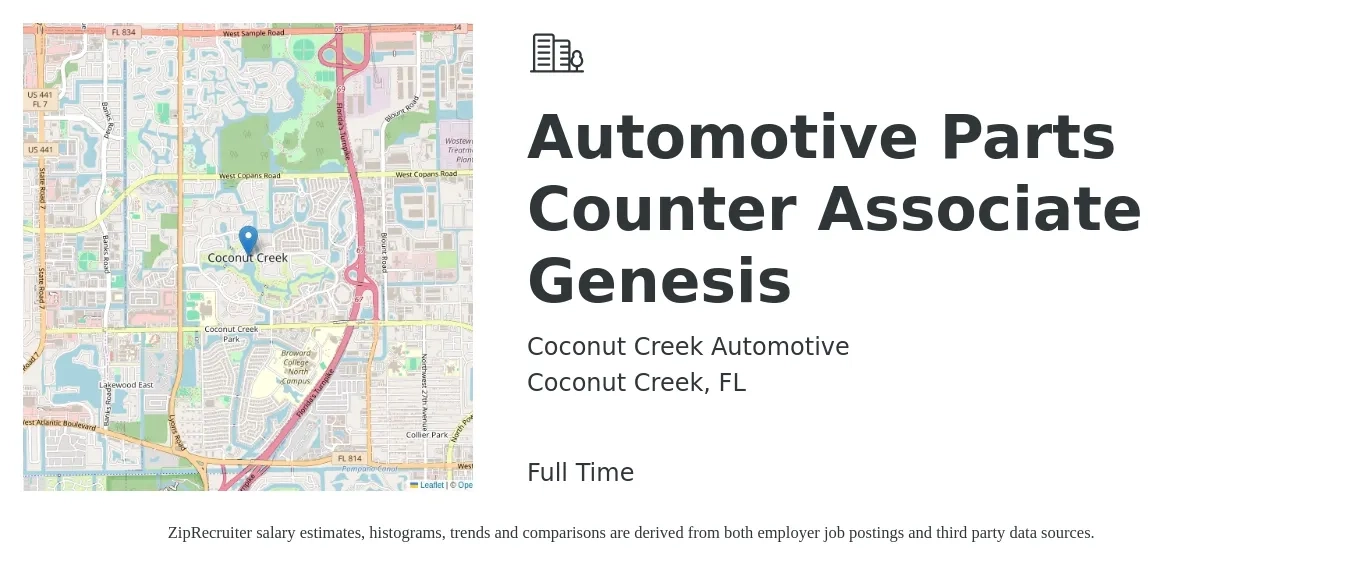 Coconut Creek Automotive job posting for a Automotive Parts Counter Associate Genesis in Coconut Creek, FL with a salary of $14 to $20 Hourly with a map of Coconut Creek location.