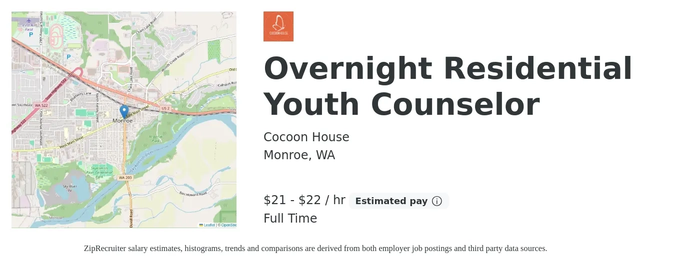 Cocoon House job posting for a Overnight Residential Youth Counselor in Monroe, WA with a salary of $22 to $24 Hourly with a map of Monroe location.