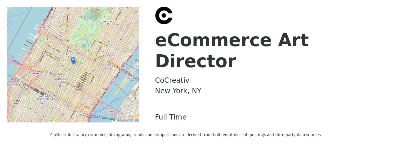 CoCreativ job posting for a eCommerce Art Director in New York, NY with a salary of $75,000 to $85,000 Yearly with a map of New York location.