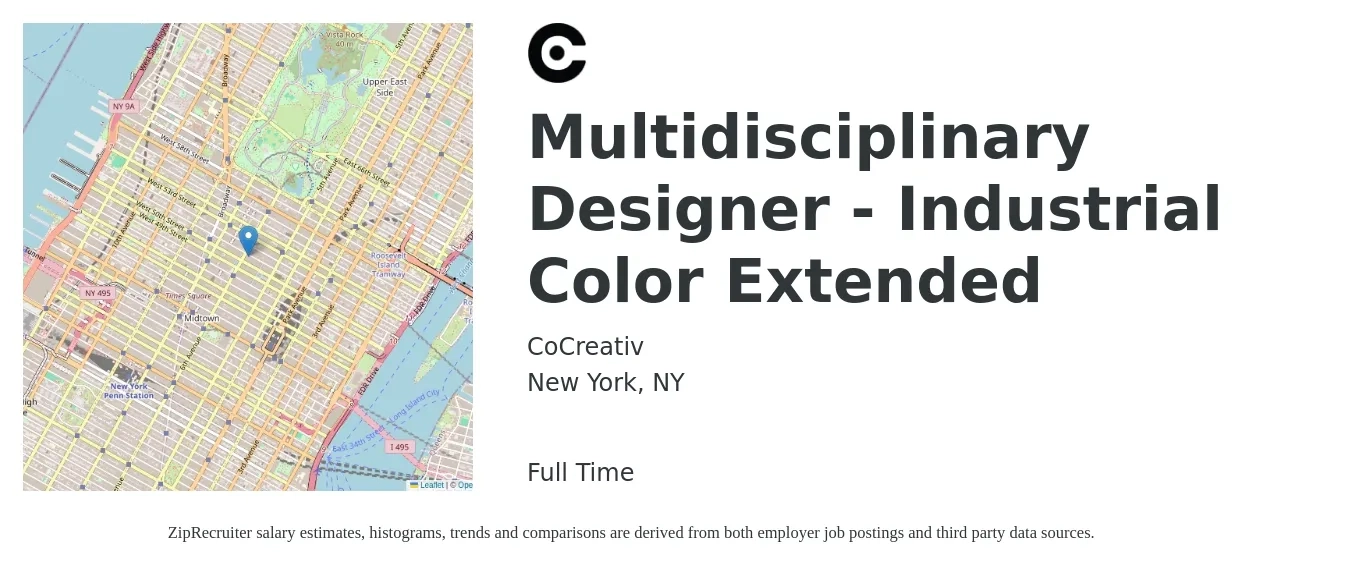 CoCreativ job posting for a Multidisciplinary Designer - Industrial Color Extended in New York, NY with a salary of $90,000 to $112,000 Yearly with a map of New York location.
