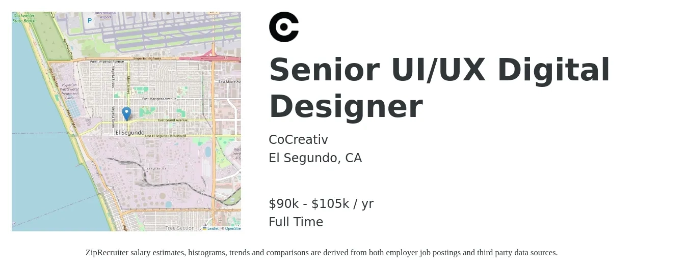 CoCreativ job posting for a Senior UI/UX Digital Designer in El Segundo, CA with a salary of $90,000 to $105,000 Yearly with a map of El Segundo location.