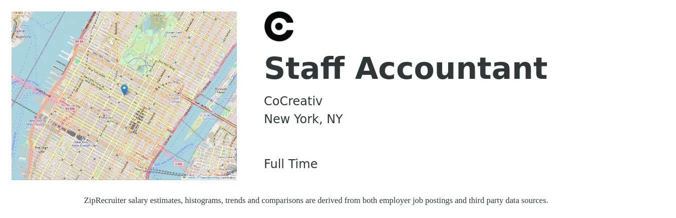 CoCreativ job posting for a Staff Accountant in New York, NY with a salary of $60,000 to $80,000 Yearly with a map of New York location.
