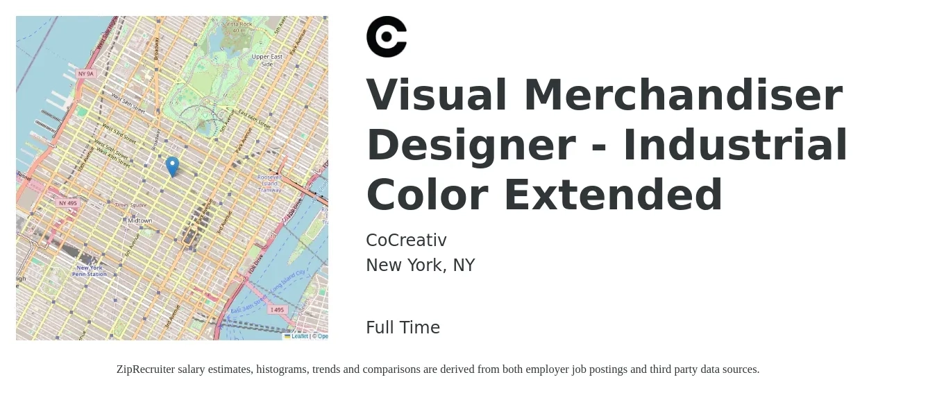 CoCreativ job posting for a Visual Merchandiser Designer - Industrial Color Extended in New York, NY with a salary of $90,000 to $100,000 Yearly with a map of New York location.