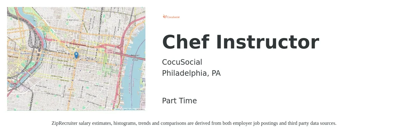 CocuSocial job posting for a Chef Instructor in Philadelphia, PA with a salary of $21 to $26 Hourly with a map of Philadelphia location.
