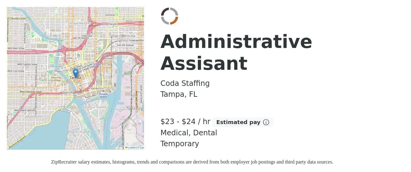 Coda Staffing job posting for a Administrative Assisant in Tampa, FL with a salary of $24 to $25 Hourly and benefits including medical, and dental with a map of Tampa location.
