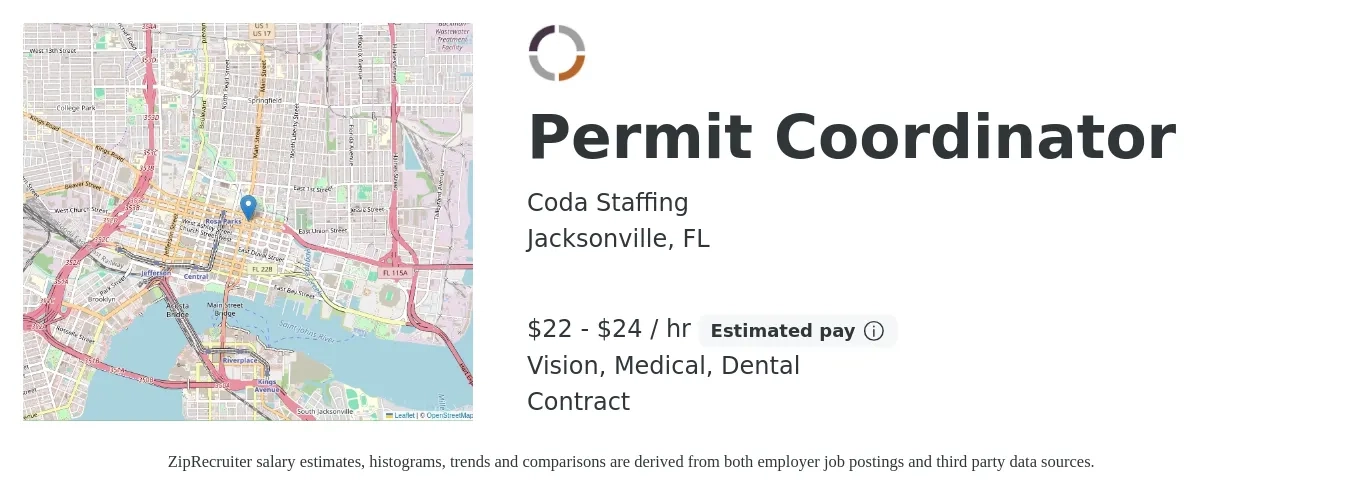 Coda Staffing job posting for a Permit Coordinator in Jacksonville, FL with a salary of $23 to $25 Hourly and benefits including dental, life_insurance, medical, pto, retirement, and vision with a map of Jacksonville location.