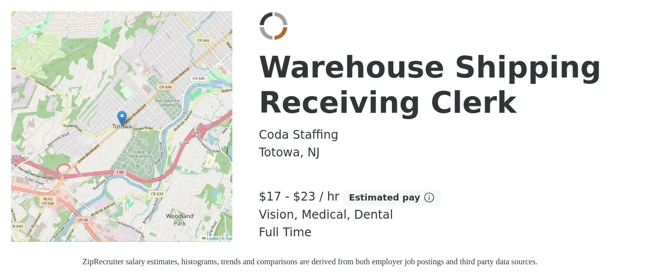 Coda Staffing job posting for a Warehouse Shipping Receiving Clerk in Totowa, NJ with a salary of $18 to $18 Hourly and benefits including dental, and medical with a map of Totowa location.