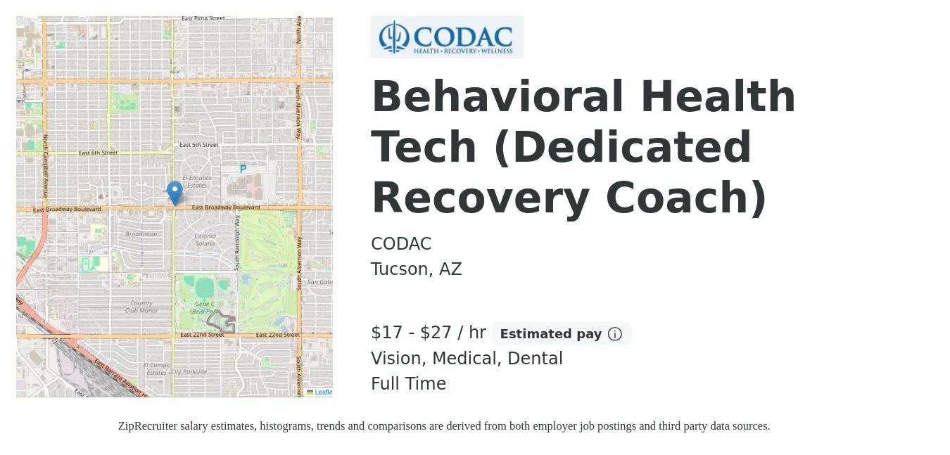 CODAC job posting for a Behavioral Health Tech (Dedicated Recovery Coach) in Tucson, AZ with a salary of $18 to $29 Hourly and benefits including dental, life_insurance, medical, retirement, and vision with a map of Tucson location.