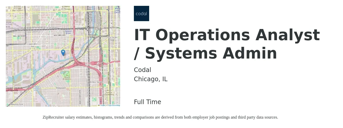 Codal job posting for a IT Operations Analyst/Systems Admin in Chicago, IL with a salary of $27 to $45 Hourly with a map of Chicago location.