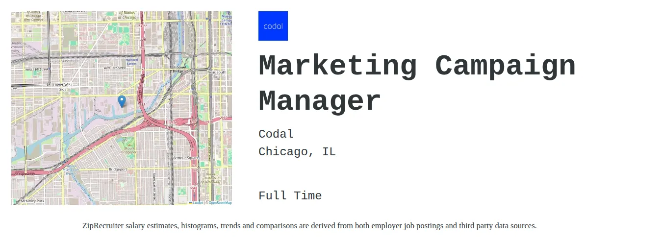 Codal job posting for a Marketing Campaign Manager in Chicago, IL with a salary of $97,300 to $119,500 Annually with a map of Chicago location.
