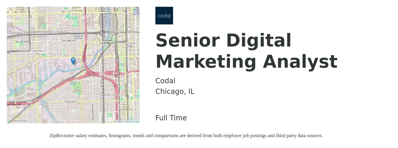 Codal job posting for a Senior Digital Marketing Analyst in Chicago, IL with a salary of $105,600 to $130,300 Yearly with a map of Chicago location.