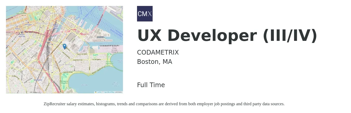 CODAMETRIX job posting for a UX Developer (III/IV) in Boston, MA with a salary of $112,400 to $179,300 Yearly with a map of Boston location.