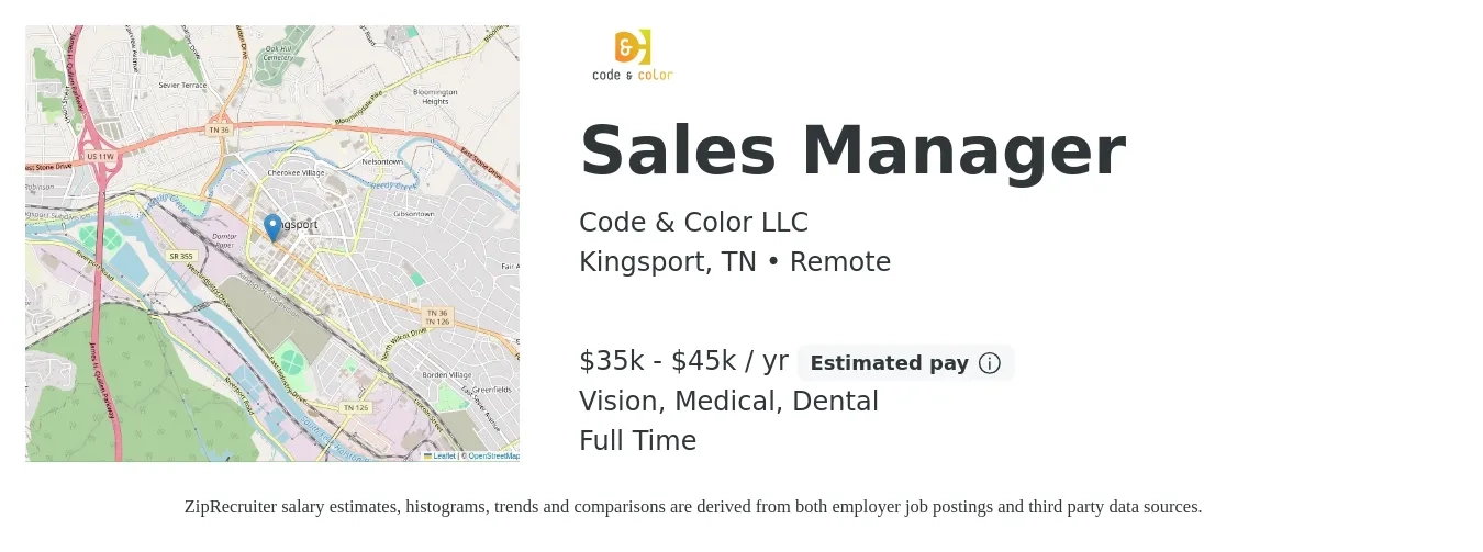 Code & Color job posting for a Sales Manager in Kingsport, TN with a salary of $35,000 to $45,000 Yearly and benefits including dental, life_insurance, medical, pto, retirement, and vision with a map of Kingsport location.