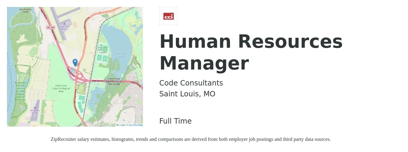 Code Consultants job posting for a Human Resources Manager in Saint Louis, MO with a salary of $65,400 to $94,800 Yearly with a map of Saint Louis location.