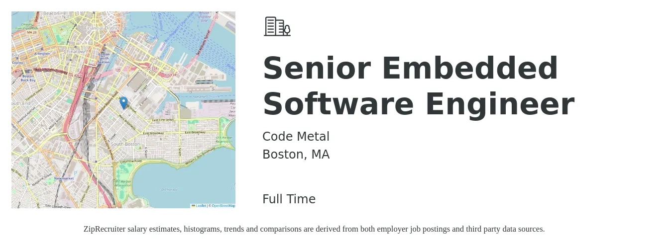 Code Metal job posting for a Senior Embedded Software Engineer in Boston, MA with a salary of $134,700 to $176,500 Yearly with a map of Boston location.